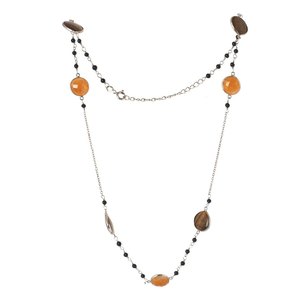 Tiger Eye Black Onyx Mango Jasper Gemstone Necklace | 925 Silver for Woman