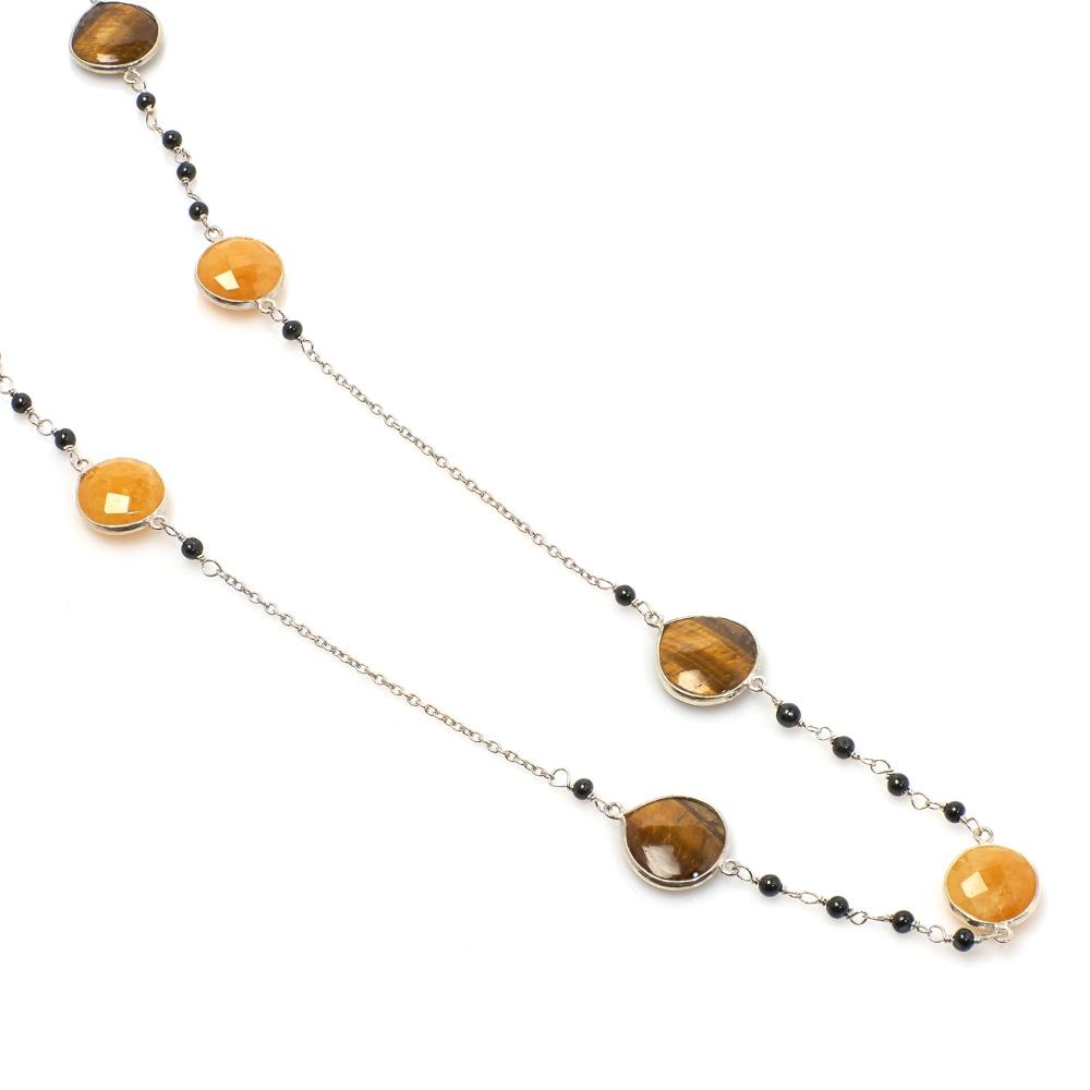 Tiger's eye & Mango Jasper Long Gemstone Necklace | 925 Silver for Woman