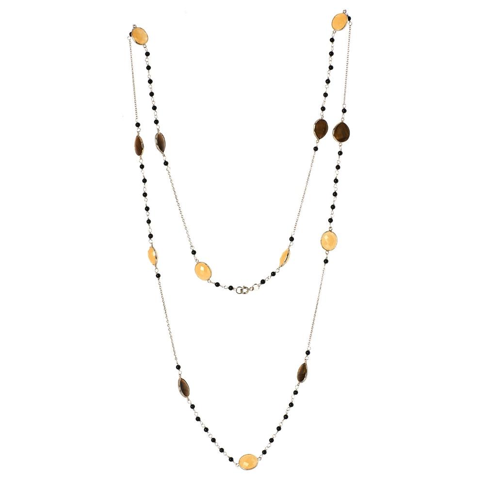 Tiger's eye & Mango Jasper Long Gemstone Necklace | 925 Silver for Woman