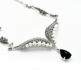 Pearl & Onyx Marcasite Necklace Set | Hallmark 925 Silver