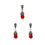 Red Drop Marcasite Pendant Set | Hallmark 925 Silver